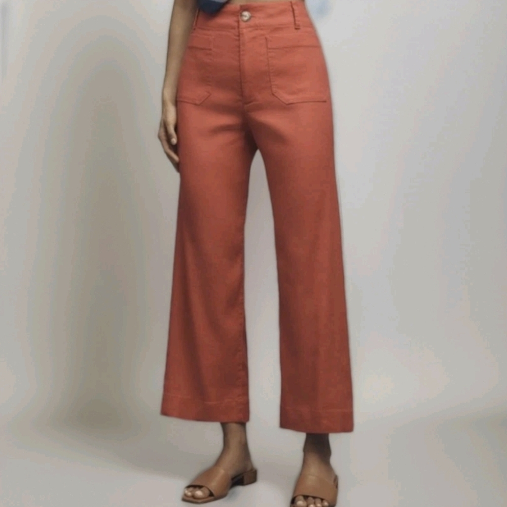 Anthropologie Maeve The Colette Linen Blend Wide Leg Trousers Pants Orange Sz 26